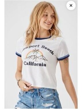 ✨3/$20 Newport Beach California Graphic Ringer Tee - White with Navy Trim